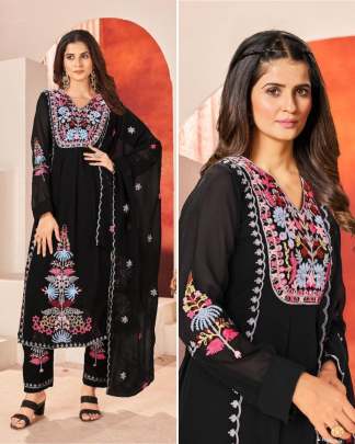 AYESHA - BLACK FAUX GEORGETTE WITH EMBROIDERY WORK TOP, PLAZZO AND DUPATTA SET