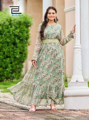 EXPRESSION - GEORGETTE LONG FRILL GOWN WITH LONGG SLEEVES AND BELT