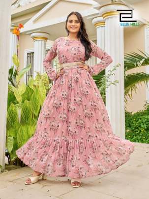 EXPRESSION - GEORGETTE LONG FRILL GOWN WITH LONGG SLEEVES AND BELT