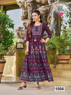 GLAMOUR LADY - RAYON PRINTED LONG ANARKALI GOWN WITH EMBROIDERY AND SEQUENCE WORK