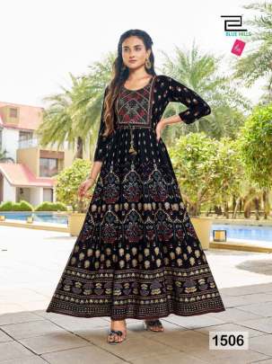 GLAMOUR LADY - RAYON PRINTED LONG ANARKALI GOWN WITH EMBROIDERY AND SEQUENCE WORK