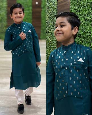 LAADU-TEAL GREEN KIDS COTTON WITH FOIL PRINT BUTTI  KURTA ATTACHED KOTI WITH BUTTON 