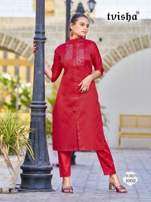 LOOK ME - RED COTTON SATIN WITH REAL MIRROR  HAND WORK KURTI - PANT SET