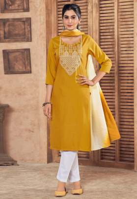 MAGIC MOMENTS HER 7.0 - MUSTARD PURE VISCOSE WEAVING STRIP WITH EMBROIDERED NECK
