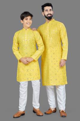 MIRROR KURTA - YELLOW HEAVY COTTON KURTA WITH EMBROIDERY AND FANCY BUTTONS
