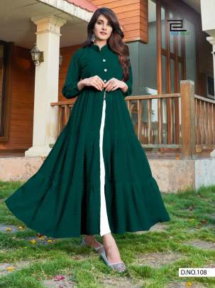 ZIA 2.0-GREEN BUBBLE GEORGETTE LONG GOWN WITH  CENTER SLIT AND FRILLS
