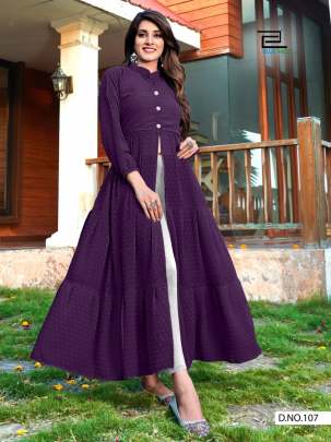 ZIA 2.0-PURPLE BUBBLE GEORGETTE LONG GOWN WITH  CENTER SLIT AND FRILLS