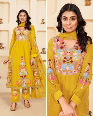 AYESHA - MUSTARD FAUX GEORGETTE WITH EMBROIDERY WORK TOP, PLAZZO AND DUPATTA SET