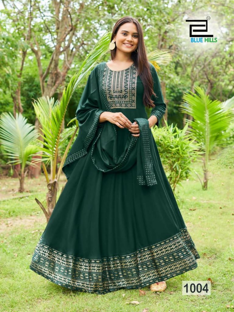 Buy Party Wear Green Foil Printed Work Dola Silk Gown Online From Surat  Wholesale Shop.