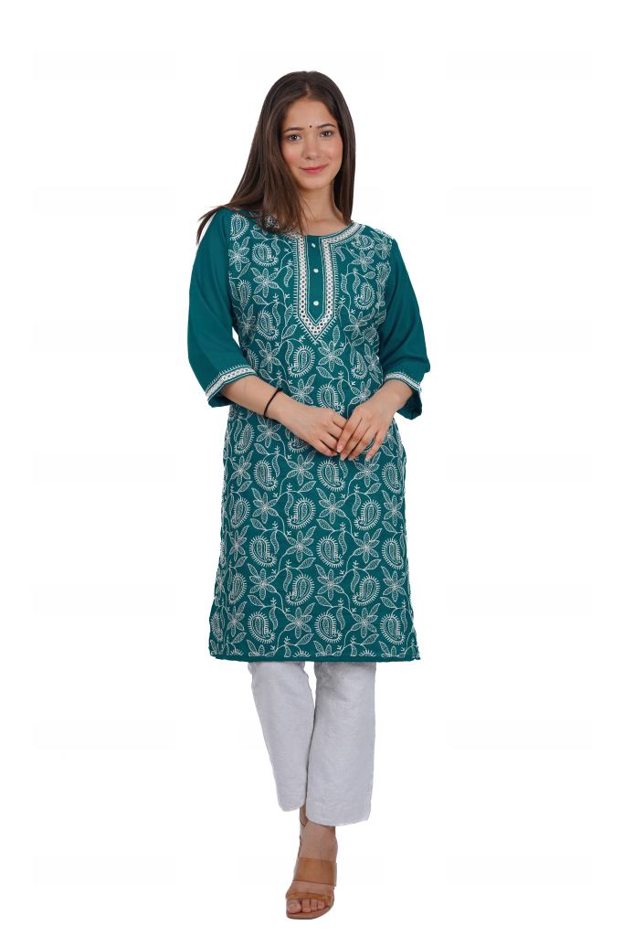 Women'S Floral Print & Hand Work Flared With Side Cut Cotton Grey Kurti -  Vbuyz - 3303893