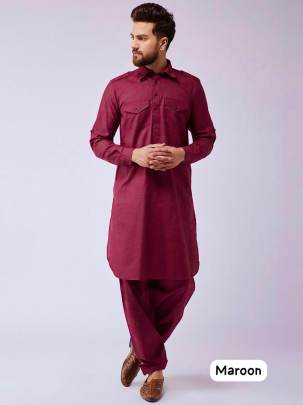 ATTRACTIVE COTTON MAROON PATHANI KURTA PYJAMA FOR MEN