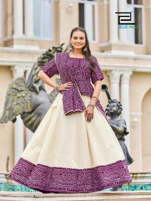 BANDHEJ - PURPLE READY TO WEAR COTTON SATIN WITH BANDHANI BORDER LEHENGA-BLOUSE-DUPATTA SET