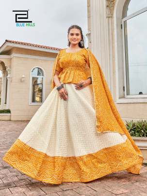 BANDHEJ - YELLOW READY TO WEAR COTTON SATIN WITH BANDHANI BORDER LEHENGA-BLOUSE-DUPATTA SET