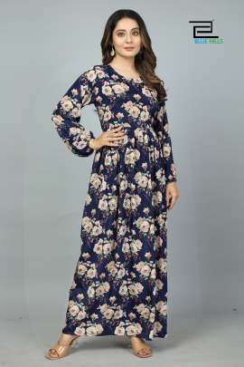 SILKY - BLUE LONG PRINTED KASTURI SILK GOWN