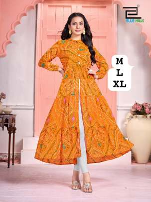 Bandhej style long flair gown with center slit and frill detailing