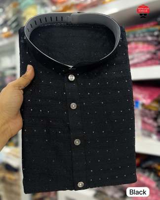 Beautiful Black Sequins Work Kurta Pyjama For Men