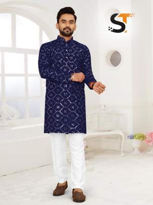 Breathtaking Blue Heavy Silk Kurta Pyjama For Men