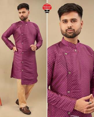 COOL SILK JACQUARD MENS CROSS BUTTON KURTA PYJAMA