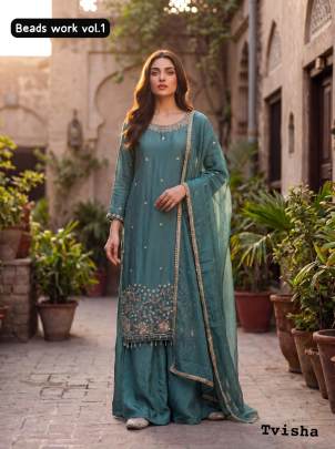 Designer Sharara Suit with Beads Work | Rangoli Crush Kurti Sharara Dupatta Set