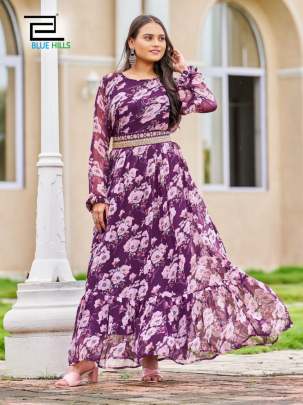 EXPRESSION - GEORGETTE LONG FRILL GOWN WITH LONGG SLEEVES AND BELT