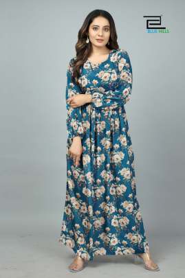 SILKY - FIROZI GREEN LONG PRINTED KASTURI SILK GOWN