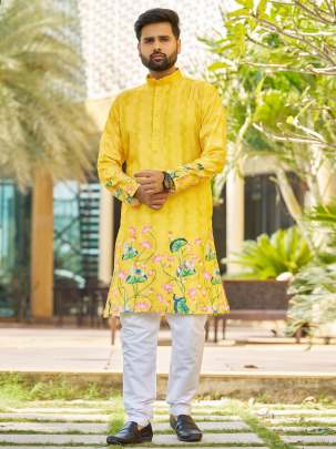 Floral Printed Sequined daaman Work Men Kurta 