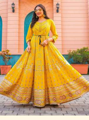 GLAM NX - RAYON PRINTED LONG ANARKALI GOWN WITH EMBROIDERY WORK