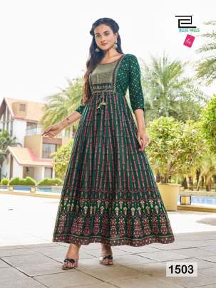 GLAMOUR LADY - RAYON PRINTED LONG ANARKALI GOWN WITH EMBROIDERY AND SEQUENCE WORK