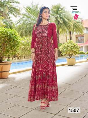 GLAMOUR LADY - RAYON PRINTED LONG ANARKALI GOWN WITH EMBROIDERY AND SEQUENCE WORK