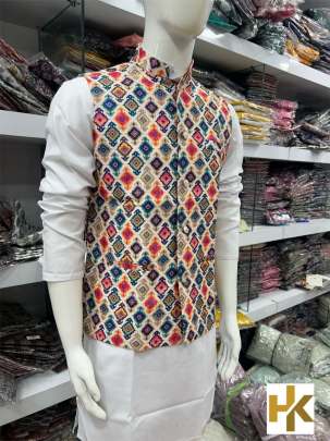 KOTI SPECIAL - HEAVY BANGLORI PRINT AND SEQUENCE EMBROIDERED MEN'S KOTIS