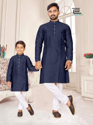 KURTA 3 - BLUE SILK JEQUARD FATHER -KID COMBO KURTA-PAJAMA SET 