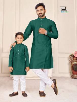 KURTA 3 - GREEN SILK JEQUARD FATHER -KID COMBO KURTA-PAJAMA SET 