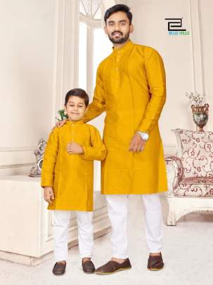 KURTA 3 - MUSTARD SILK JEQUARD FATHER -KID COMBO KURTA-PAJAMA SET 