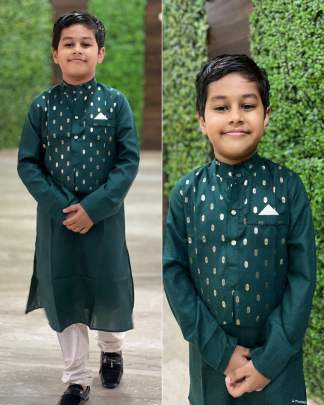 LAADU-BOTTLE GREEN KIDS COTTON WITH FOIL PRINT BUTTI  KURTA ATTACHED KOTI WITH BUTTON 