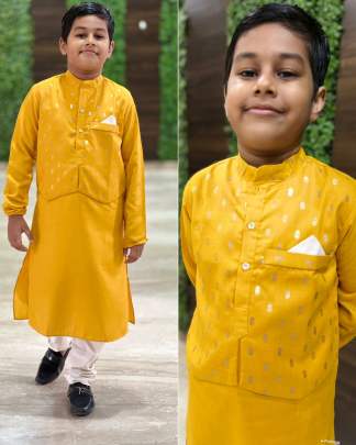 LAADU-MUSTARD KIDS COTTON WITH FOIL PRINT BUTTI KURTA ATTACHED KOTI WITH BUTTON