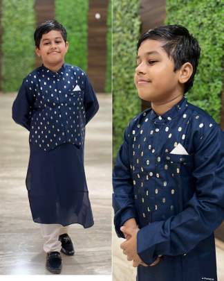 LAADU-NAVY BLUE KIDS COTTON WITH FOIL PRINT BUTTI  KURTA ATTACHED KOTI WITH BUTTON 