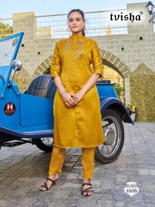 LOOK ME - MUSTARD COTTON SATIN WITH REAL MIRROR  HAND WORK KURTI - PANT SET