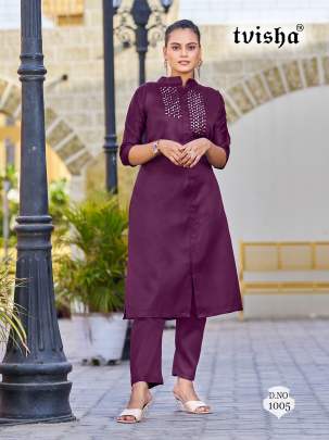 LOOK ME - WINE COTTON SATIN WITH REAL MIRROR  HAND WORK KURTI - PANT SET