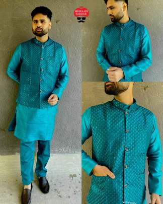 MANYAVAR KOTI 3.0 - MENS BANGLORI SILK KURTA PAJAMA WITH EMBROIDERED KOTI SET