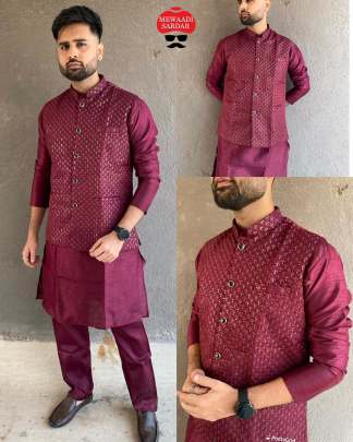 MANYAVAR KOTI 3.0 - MENS BANGLORI SILK KURTA PAJAMA WITH EMBROIDERED KOTI SET