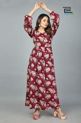 SILKY - MAROON LONG PRINTED KASTURI SILK GOWN