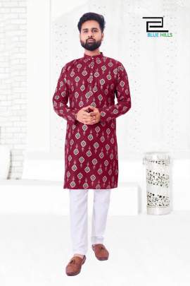 MARVELLOUS MAROON MULTI COLOR FOIL PRINT KURTA PYJAMA FOR MEN