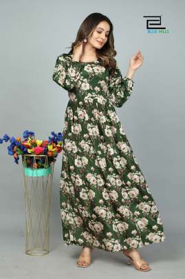 SILKY - MEHENDI GREEN LONG PRINTED KASTURI SILK GOWN