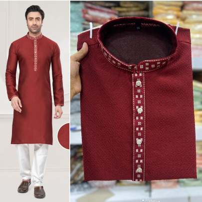 MIRACULOUS MAROON SILK JACQUARD KURTA PYJAMA FOR MEN