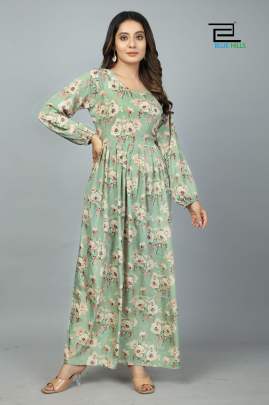 SILKY - PASTEL GREEN LONG PRINTED KASTURI SILK GOWN