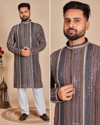 REMARKABLE MENS KURTA PYJAMA WITH HEAVY EMBROIDERY THREAD WORK