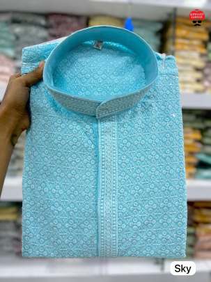 SATISFYING HEAVY CHIKAN WORK SKY KURTA PYJAMA FOR MEN