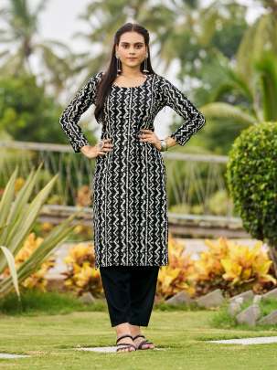 SIBORI VOL 1 - BLACK RAYON PRINTED WITH MIRROR HAND WORK KURTI PANT SET