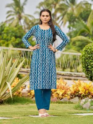 SIBORI VOL 1 - BLUE RAYON PRINTED WITH MIRROR HAND WORK KURTI PANT SET