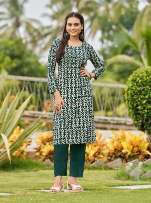 SIBORI VOL 1 - BOTTLE GREEN RAYON PRINTED WITH MIRROR HAND WORK KURTI PANT SET